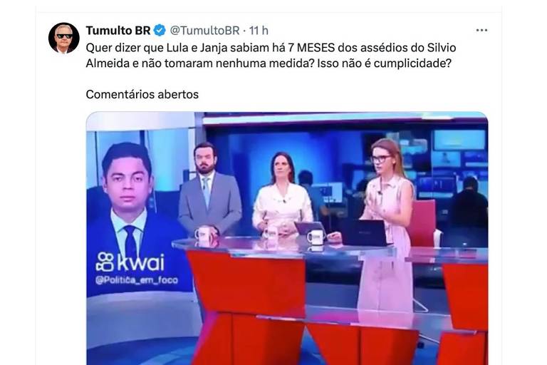 A imagem mostra um estúdio de televisão com quatro apresentadores. Um deles está em um telão ao fundo, enquanto os outros três estão em uma mesa. O apresentador à esquerda é um homem com terno e gravata, ao centro uma mulher com blusa clara, e à direita uma mulher com óculos e vestido rosa, que parece estar gesticulando. O telão exibe a logo do Kwai e o perfil @Política_em_foco. O tweet questiona a falta de ação de Lula e Janja em relação a assédios mencionados.