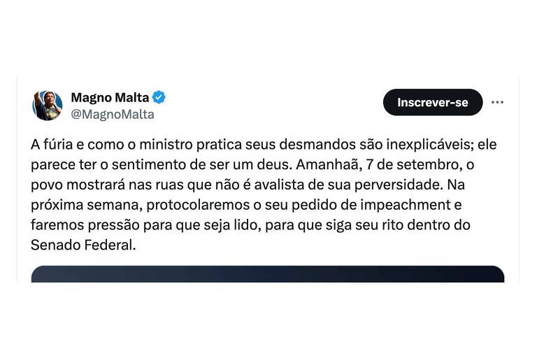 Um tweet de Magno Malta, onde ele expressa sua indignação em relação a um ministro, mencionando que o povo mostrará sua insatisfação nas ruas no dia 7 de setembro. Ele também menciona que na próxima semana protocolarão um pedido de impeachment e farão pressão para que seja lido no Senado Federal.