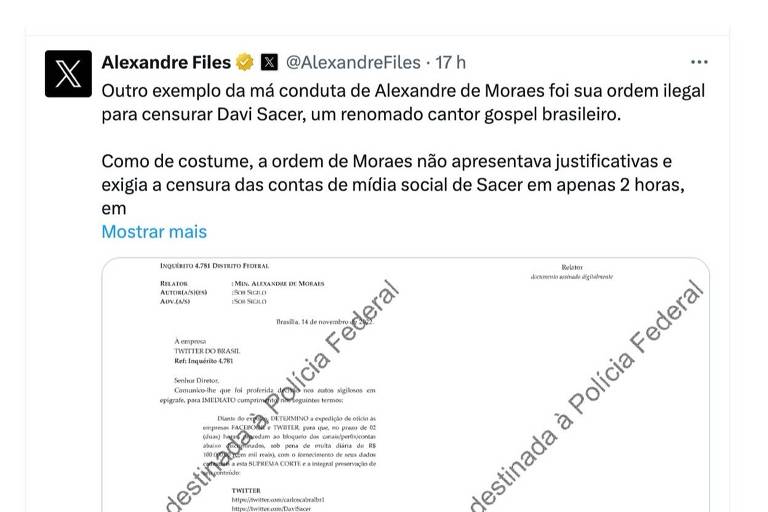 Um tweet de Alexandre Files discute a conduta de Alexandre de Moraes em relação à censura do cantor gospel Daví Sacer. O tweet menciona uma ordem ilegal que exigia a censura das contas de mídia social de Sacer em um curto período de tempo. A imagem também contém um documento oficial que parece ser um ofício destinado ao Twitter do Brasil, datado de 14 de novembro, com informações sobre a censura.