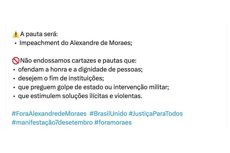 O texto apresenta uma pauta sobre o impeachment de Alexandre de Moraes, destacando que não se endossam cartazes e pautas que ofendam a honra e a dignidade das pessoas, desejem o fim de instituições, preguem golpe de estado ou intervenção militar, ou estimulem soluções ilícitas e violentas. Inclui hashtags relacionadas ao tema.