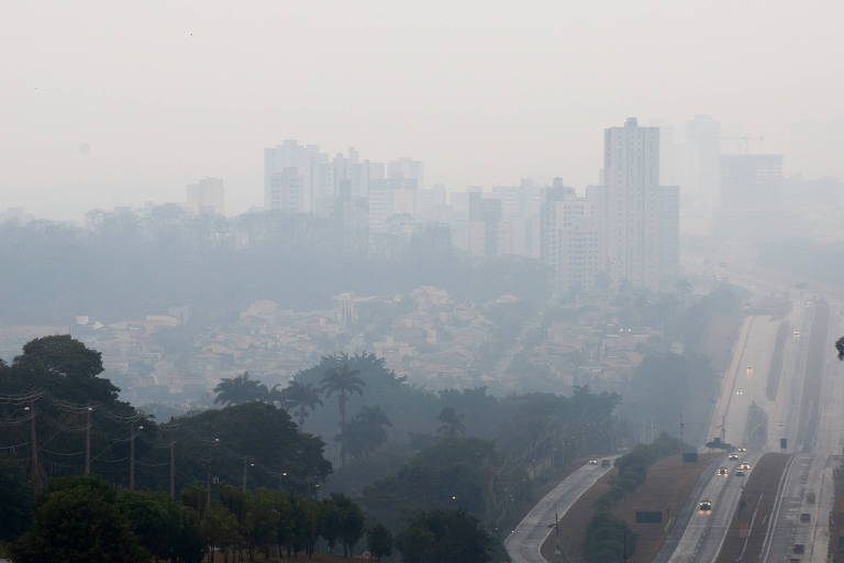 A imagem mostra uma vista de uma cidade em um dia nublado, com uma densa camada de neblina cobrindo os edifícios. No primeiro plano, há uma estrada vazia e árvores ao lado. Ao fundo, os prédios aparecem em tons de cinza, quase indistinguíveis devido à poluição do ar.