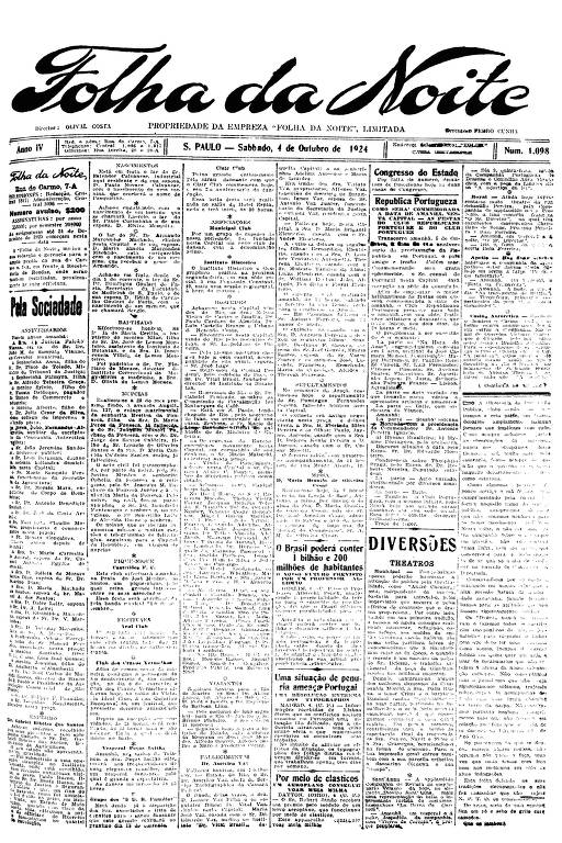 Primeira Página da Folha da Noite de 4 de outubro de 1924