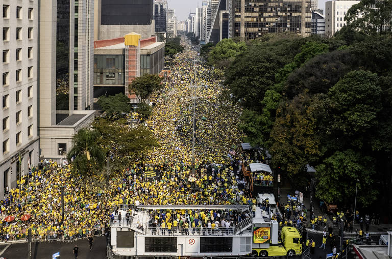 Vista aérea da avenida Paulista durante manifestação bolsonarista