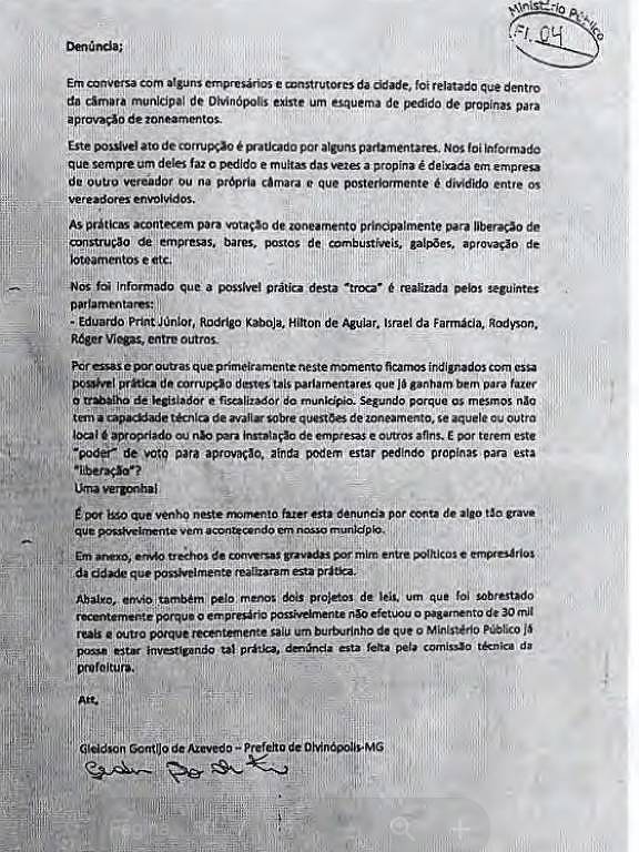 Documento com denúncia de Gleidson contra vereadores de Divinópolis