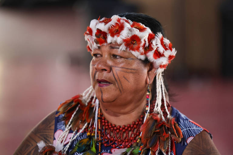 A imagem mostra uma mulher indígena com um colar de contas vermelhas e um adereço de penas e flores na cabeça. Ela tem traços faciais pintados e usa uma blusa colorida. O fundo é desfocado.