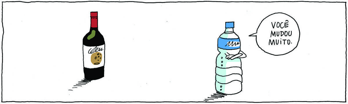 A tirinha Bicudinho, publicada em 10/09/2024, traz, do lado esquerdo, uma garrafa de vinho tinto. Do lado direito, uma garrafa pet de água, com os braços cruzados, diz: Você mudou muito.