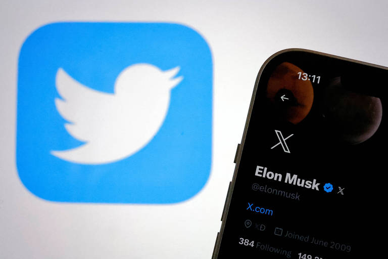 A imagem mostra o logotipo do Twitter em azul, com um pássaro estilizado, ao fundo. Em primeiro plano, há um smartphone exibindo o perfil de Elon Musk na plataforma, com um fundo escuro e ícones de navegação.