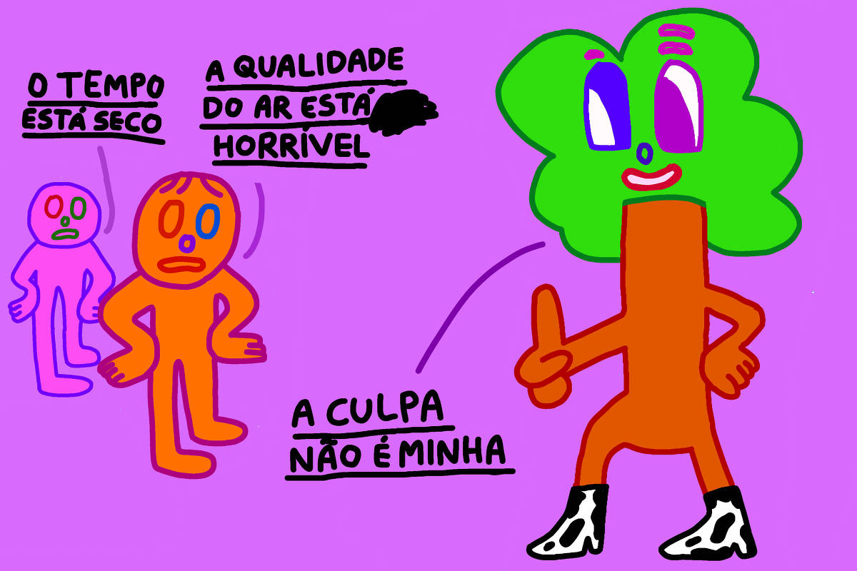 A imagem apresenta três personagens em um fundo fúcsia. Dois deles, um de cor rosa e outro laranja, estão com expressões preocupadas. O personagem laranja diz: 'O tempo está seco' e o rosa complementa: 'A qualidade do ar está horrível'. À direita, uma árvore sorridente com tronco laranja e copa verde está com o polegar levantado e afirma: 'A culpa não é minha'.