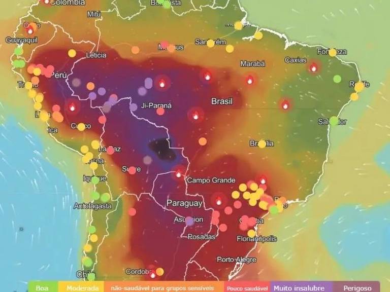 Mapa da plataforma suíça IQAir exibe em tempo real as áreas no Brasil com pior qualidade do ar