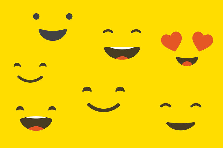 A imagem apresenta uma variedade de emojis de sorrisos em um fundo amarelo. Há diferentes expressões faciais, incluindo sorrisos amplos, sorrisos com olhos sorridentes, um emoji com corações nos olhos e outros sorrisos sutis.