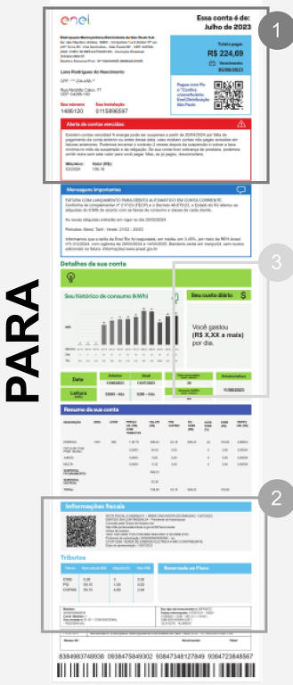 A imagem apresenta um documento dividido em três seções. A primeira seção contém um cabeçalho com informações de contato e um código QR. A segunda seção apresenta gráficos e dados estatísticos, com destaque para um gráfico de barras. A terceira seção inclui informações detalhadas, como tabelas e um código de barras na parte inferior. O texto 'PARA' está em destaque na lateral esquerda.