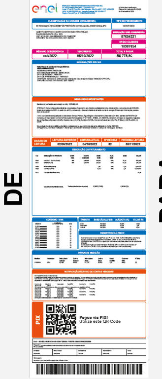 A imagem mostra um documento de cobrança com várias seções. Na parte superior, há informações de identificação da empresa e do cliente, seguidas por detalhes sobre a fatura, incluindo datas e valores. Há uma tabela com itens detalhados e um código QR na parte inferior. O layout é organizado em colunas e linhas, com uso de cores para destacar seções importantes.