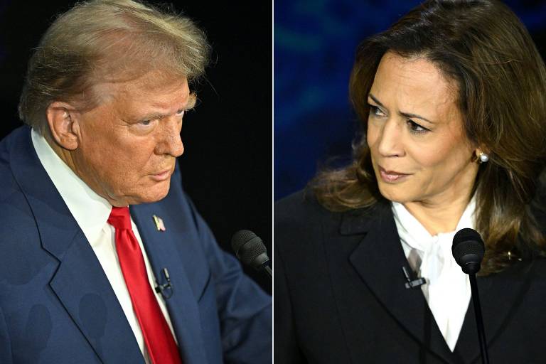 Candidatos à Casa Branca, Donald Trump (esq.) e Kamala Harris (dir.) participaram de debate na noite desta terça (10)