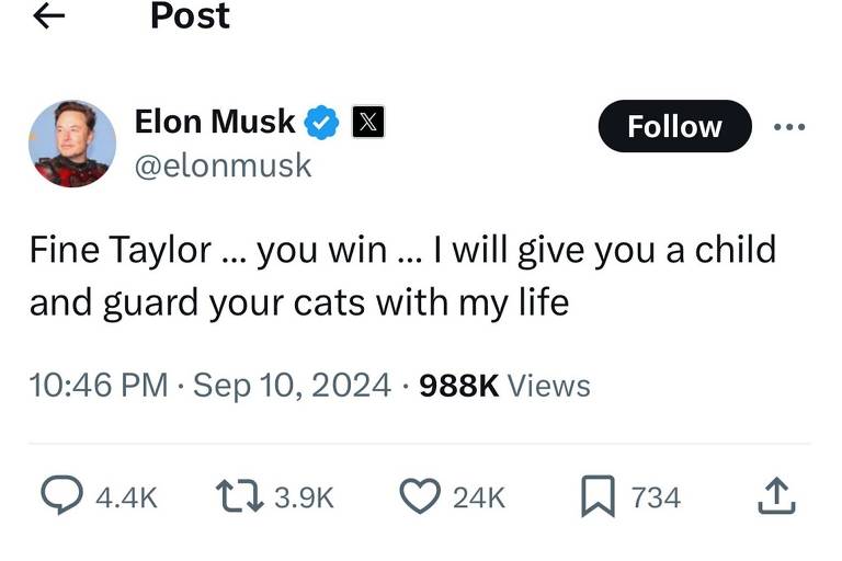 Elon Musk ataca Taylor Swift no X: 'Te faço um filho'