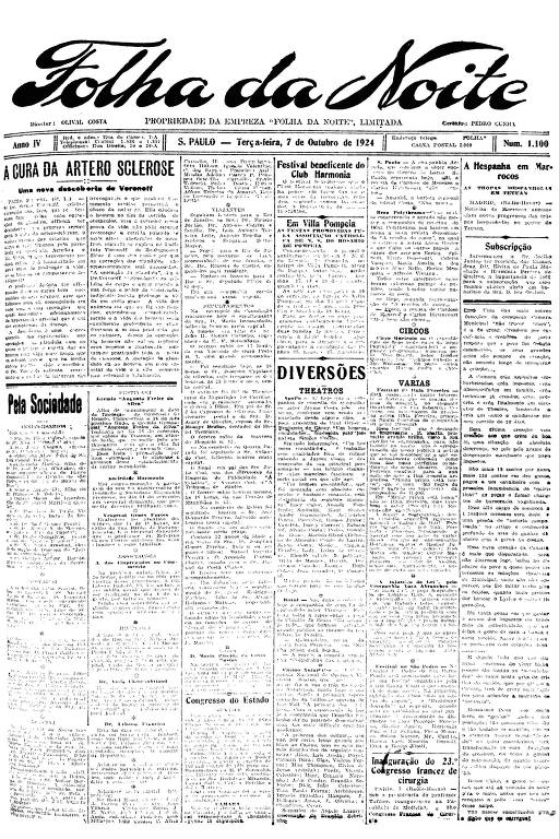 Primeira Página da Folha da Noite de 7 de outubro de 1924