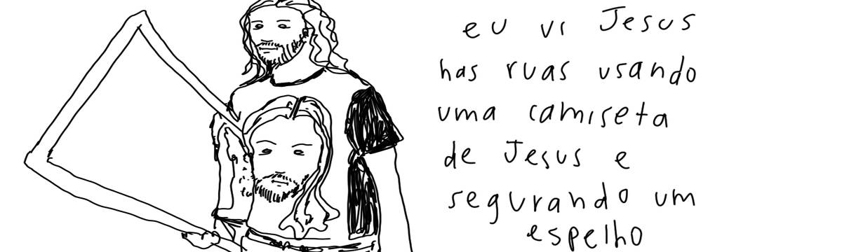 A tirinha em preto e branco de Estela May, publicada em 12/09/24, traz um homem parecido com Jesus usando uma camiseta com o rosto de Jesus e um espelho embaixo do braço. À direita da imagem, “eu vi Jesus nas ruas usando uma camiseta de Jesus e segurando um espelho”