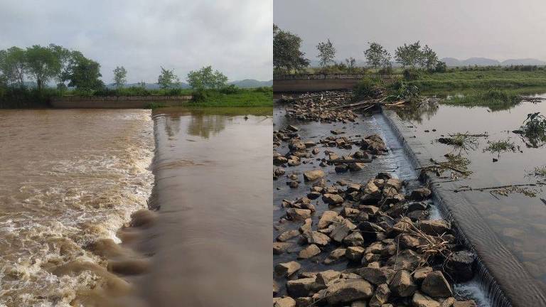 Canal de Imunana, ponto de captação da Estação de Tratamento Laranjal, em período normal (esquerda) e afetado pela estiagem (direita)