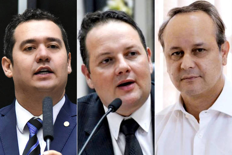 A imagem apresenta três homens em diferentes poses, todos parecendo estar em situações de discurso ou apresentação. Ricardo Silva, o primeiro homem, à esquerda, está usando um terno escuro com uma gravata listrada. André Trindade, o segundo homem, no centro, está com um terno escuro e uma gravata preta. Jorge Roque, o terceiro homem, à direita, está vestindo uma camisa branca. O fundo é desfocado, sugerindo um ambiente formal.