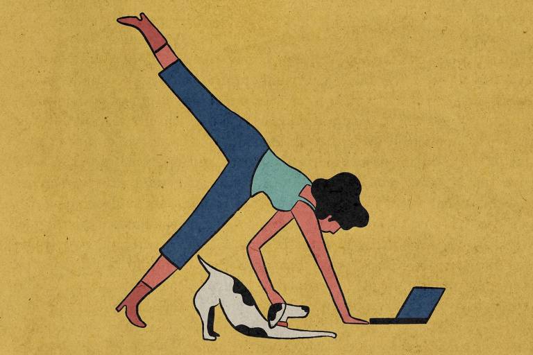 A imagem mostra uma mulher em uma posição de yoga, com uma perna levantada e as mãos apoiadas no chão, enquanto trabalha em um laptop. Um cachorro está próximo a ela, com a cabeça baixa, parecendo interagir. O fundo é amarelo e a ilustração tem um estilo simples e colorido.