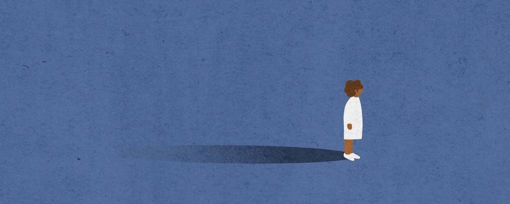 A imagem apresenta uma ilustração minimalista de uma menina em pé, vestindo um vestido branco e sapatos brancos, em um fundo azul. A criança tem cabelo cacheado e está projetando uma sombra no chão.