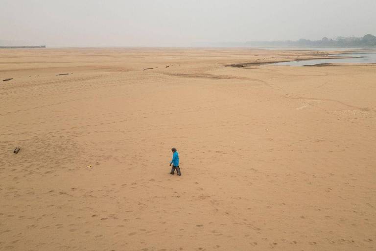 Fotografia aérea mostrando um homem caminhando em um banco de areia formado pelo nível histórico baixo do Rio Madeira
