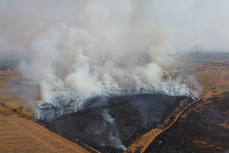 Queimada em grandes proporções tomou conta da vegetação próxima ao campus Glória da Universidade Federal de Uberlândia (UFU)