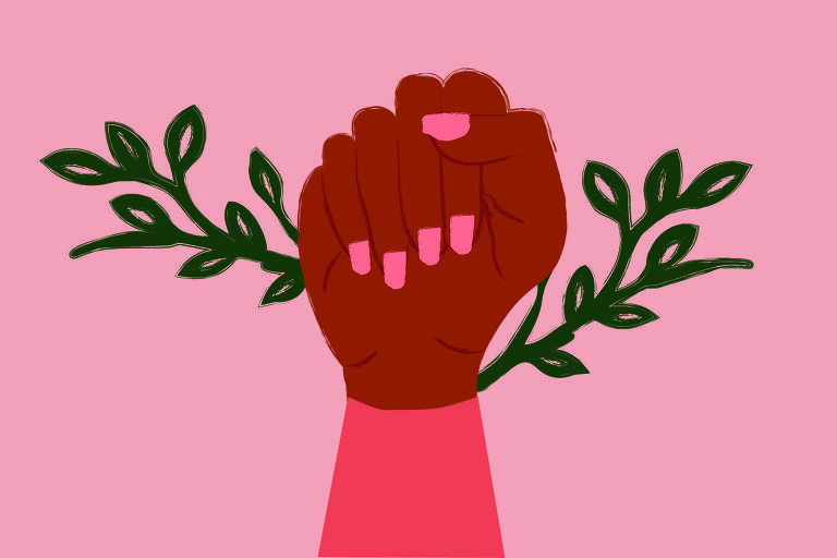 Ilustração de fundo rosa claro, com dois galhos com folhas verdes escuros, sobre os galhos um punho cerrado, o punho é de cor negra, tem uma manga de blusa vermelha e unhas compridas cor de rosa, que podem ser femininas.