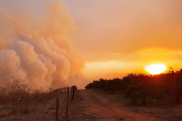 A imagem mostra um pôr do sol em um cenário rural, com uma estrada de terra à esquerda. À direita, há uma densa coluna de fumaça branca subindo em direção ao céu, enquanto o sol se põe, criando um efeito de luz laranja e dourada no horizonte.