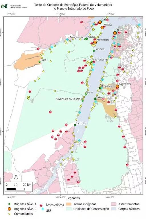 Imagem de um mapa de uma região da Amazônia com um rio no centro e vários pontos amarelos simbolizando comunidades, círculos verdes e laranjas identificando brigadas de incêndio