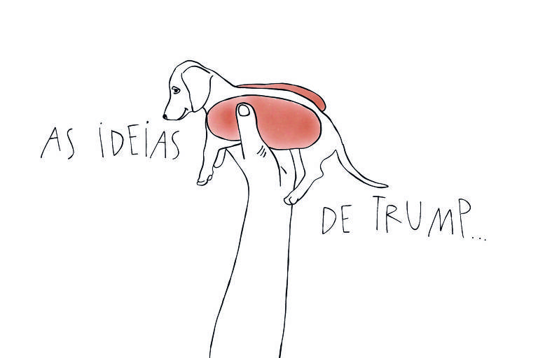 No espaço há o desenho de um filhotinho de cachorro sendo feito de sanduíche, como se uma salsicha fosse no meio de um pão de cachorro quente. Está sendo segurado por uma mão. Vemos só este braço branco e o cão em meio ao pão que tem cor bege. Perto do focinho preto do cachorro está escrito AS IDEIAS e próximo do rabo dele também está escrito DE TRUMP... com três pontinhos.