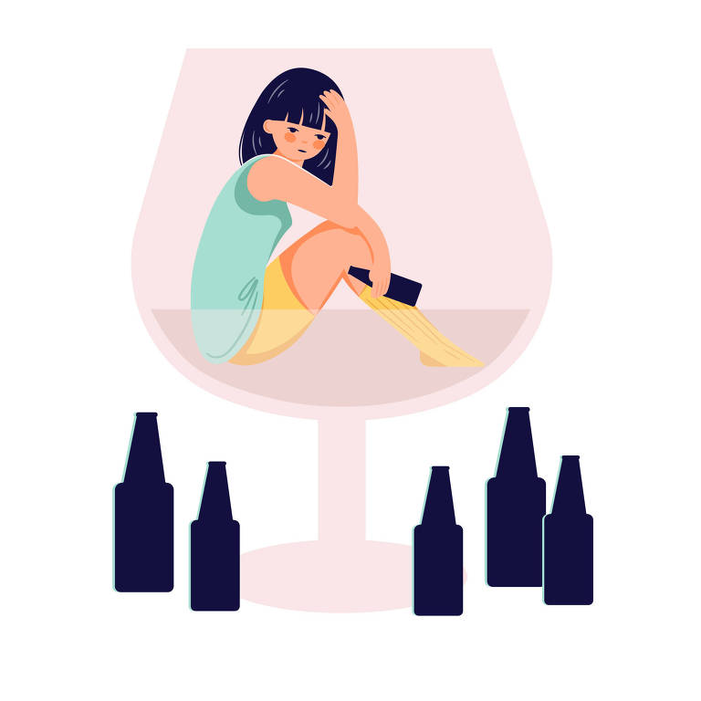 Ilustração mostra uma menina dentro de uma taça de vinho. Ela está sentada na taça, pensativa, e abaixo dela há garrafas de bebida