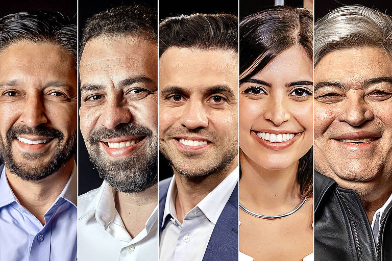 Fotos de Ricardo Nunes, banco de cabelo e barba escuras, vestindo camisa azul; Guilherme Boulos, branco de cabelo e barba escuras, com camisa branca; Pablo Marçal, branco com cabelo escuo, de camisa clara e paletó azul; Tabata Amaral, branca de cabelo escuro, com roupa branca; José Luiz Datena, branco e grisalho, de jaqueta escua. Todos estão sorrindo.