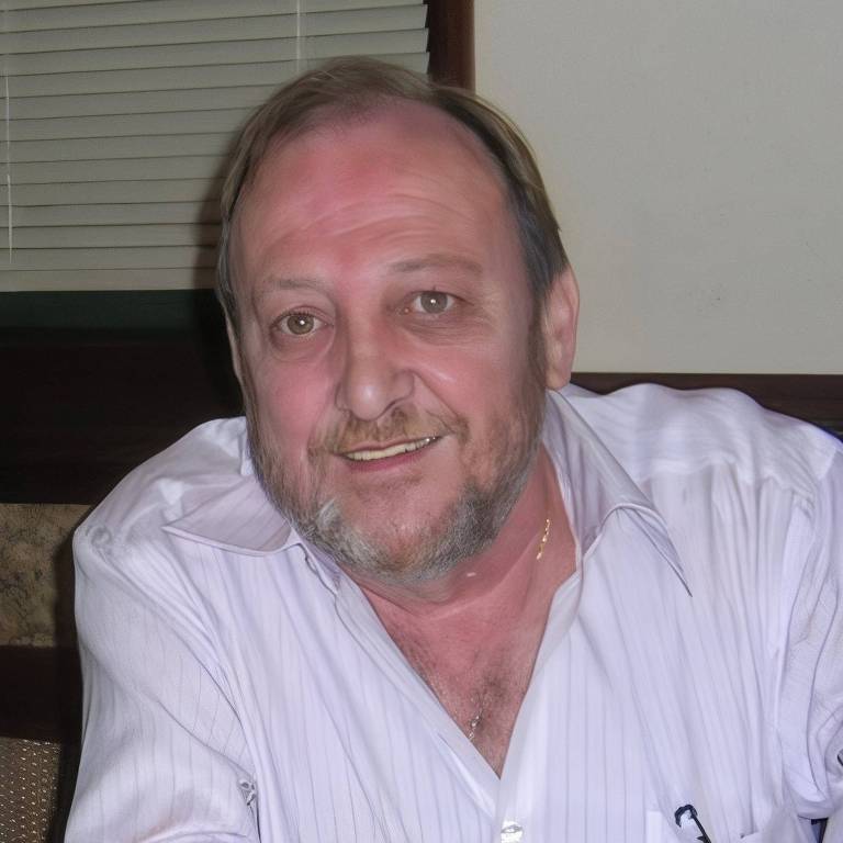 Um homem de cabelos grisalhos e barba, sorrindo levemente. Ele está usando uma camisa branca e está sentado em uma mesa. Ao fundo, há uma parede clara e uma janela com persianas.