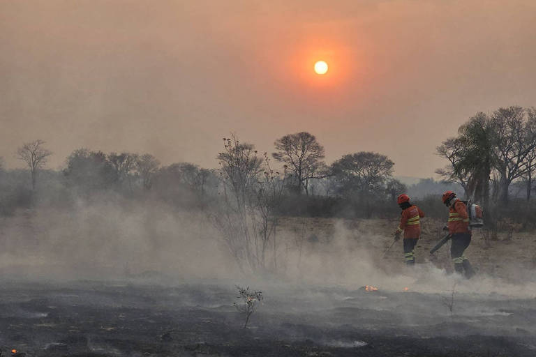 Na foto, dois bombeiros tentam apagar rastros de fogo em uma área com muita fumaça 