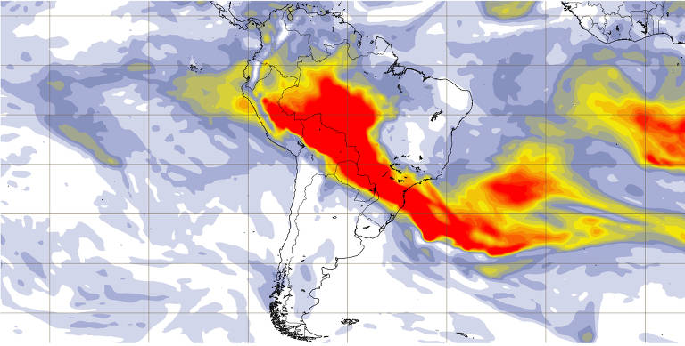 Poluição em 14 de setembro de 2024 - Imagem mostra mancha densa de fumaça de queimadas sobre o Brasil e países vizinhos