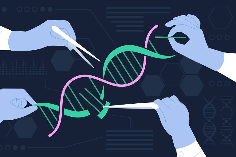 Ilustração mostra DNA sendo mudado com mãos humanas
