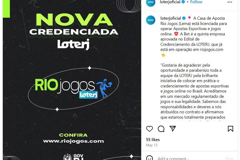 Publicação no Instagram na qual a Loterj anunciou que a Rio Jogos havia conquistado a licença para operar no estado