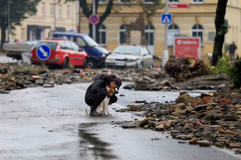 A imagem mostra uma rua urbana devastada, coberta de entulho e detritos. Uma pessoa está agachada no meio da rua, segurando um cachorro. Ao fundo, há carros danificados e sinais de trânsito. O ambiente parece molhado, possivelmente devido à chuva.