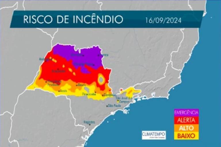 O mapa mostra a distribuição do risco de incêndio em uma região, com áreas coloridas indicando diferentes níveis de risco. As cores variam de roxo (emergência) a vermelho (alerta), laranja (alto) e amarelo (baixo). As cidades estão marcadas no mapa, incluindo São Paulo, Campinas e Bauru. A data do mapa é 16 de setembro de 2024