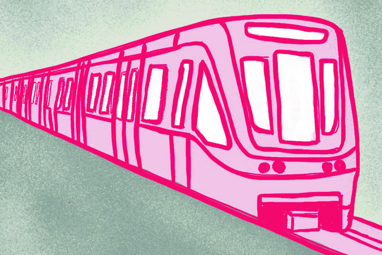 Ilustração de um trem do Metrô visto a partir do primeiro vagão desenhado em linhas rosas pink e preenchimento rosa claro. O fundo é cinza.