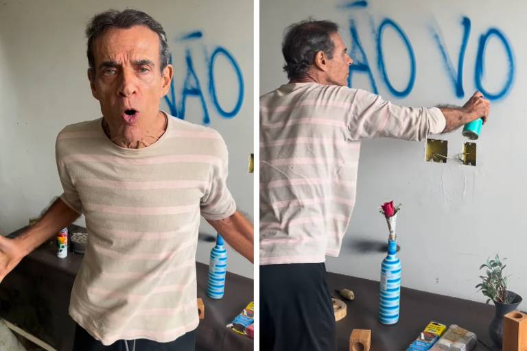 Montagem do ator Mário Gomes. Primeira foto mostra ele com expressão de indignação. Segunda mostra ele pixando a parede. "Não vou" está escrito.