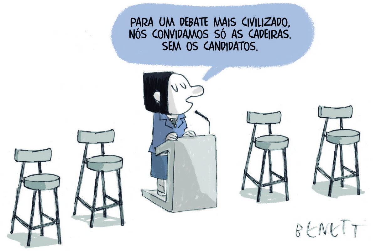 A charge de hoje publicada pela Folha em todas as suas plataformas é de Benett (@cartunistabenett). Ela mostra uma mulher jornalista em um púlpito, falando em um microfone. Ela é apresentadora de TV. Aos seu redor, disposto uma ao lado da outra, quatro cadeiras altas - estilo banco, mesmo- semelhante a usada por José Luis Datena para bater em Pablo Marçal. A jornalista diz: - Para um debate mais civilizado nós convidamos só as cadeiras. Sem os candidatos.