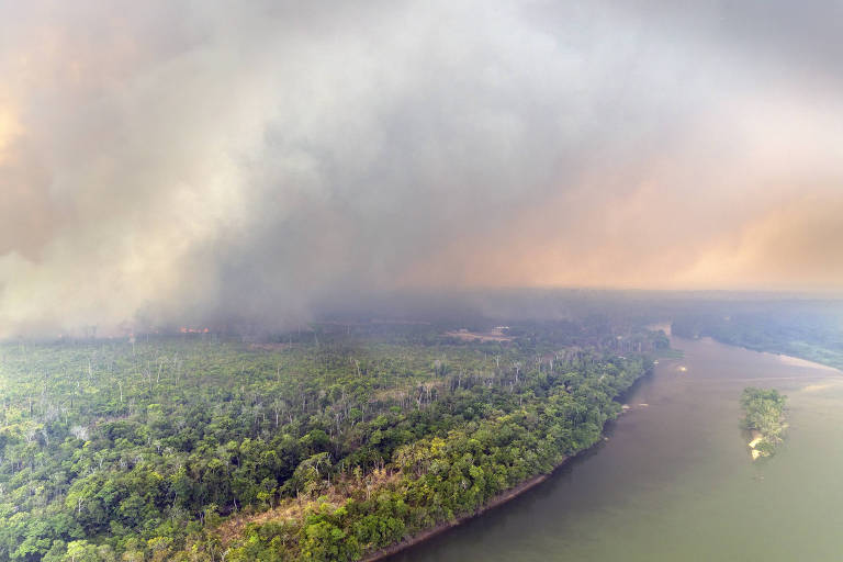 Imagem aérea de uma área da Floresta Amazônica, onde fumaça densa se eleva do solo, indicando um incêndio florestal. A vegetação é predominantemente verde, mas há áreas desmatadas e árvores queimadas visíveis. Um rio serpenteia ao longo da borda da floresta, refletindo a luz do céu nublado e enfumaçado.