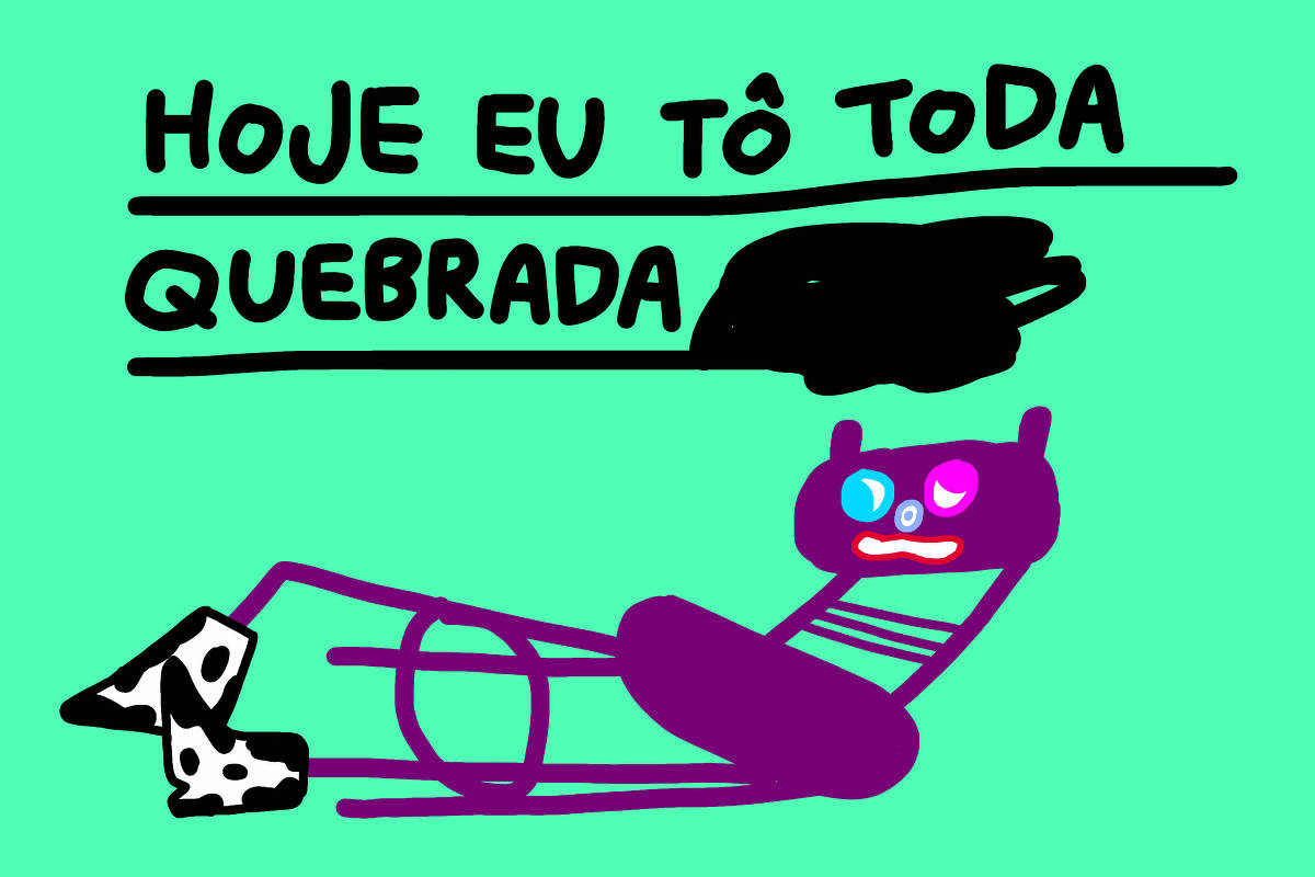 A charge apresenta fundo verde e desenho estilizado de uma banqueta igual a arremessada pelo candidato José Luiz Datena (PSDB) no adversário Pablo Marçal (PRTB). O móvel roxo está torto e caído no chão. Ele tem olhos grandes e coloridos, e uma expressão facial que parece confusa. Na parte superior, há um texto em letras grandes que diz 'HOJE EU TÔ TODA QUEBRADA', com uma mancha preta no fim da frase.