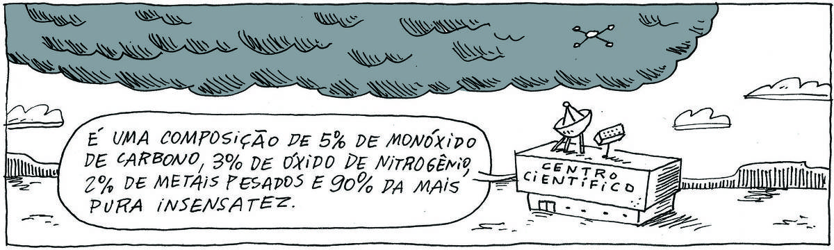 A tirinha Bicudinho, publicada em 19/09/24, traz uma enorme nuvem cinzenta sobrevoando um centro científico em meio a uma planície cercada por montanhas. No topo do edifício do centro científico há um sonar. Um balão sai do centro, representando a fala de alguém que diz: É uma composição de 5% de monóxido de carbono, 3% de óxido de nitrogênio, 2% de metais pesados e 90% da mais pura insensatez.