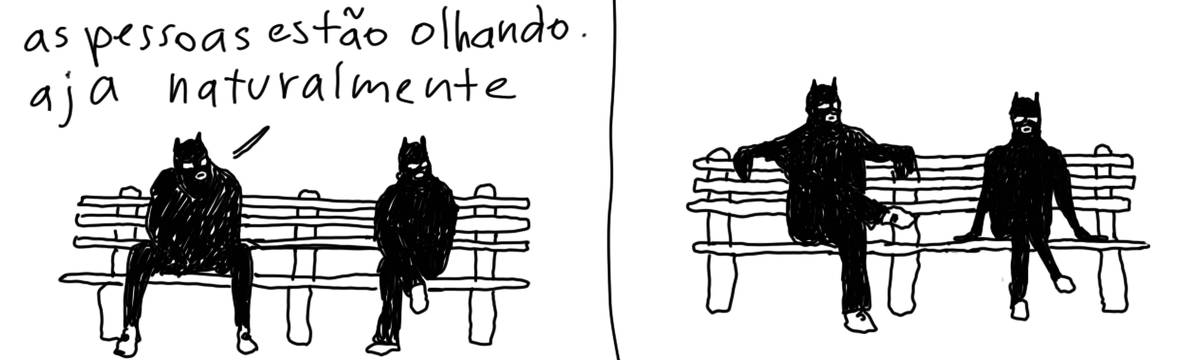 A tirinha em preto e branco de Estela May, publicada em 18/09/24, traz dois seres todos de preto sentados em um banco. No primeiro quadro, um deles diz “as pessoas estão olhando. aja naturalmente”; no segundo, eles sentados de forma posada