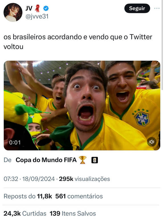 Volta do X (ex-Twitter) no Brasil tem comemoração com clima de Copa do Mundo