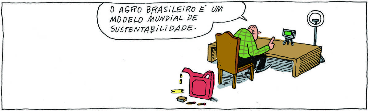 A tirinha Bicudinho, publicada em 19/09/2024, traz um homem de costas, sentado em uma cadeira, apoiado em uma mesa de frente para um celular e um refletor de luz. Ele está em uma live e diz: O agro brasileiro é um modelo mundial de sustentabilidade. Só que atrás da cadeira onde ele está sentado, no chão, há um galão de gasolina e uma caixa de fósforos.