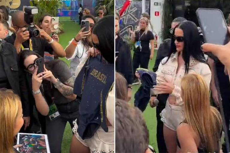 Em foto montagem, duas mulheres trocam presentes em evento na Cidade do Rock