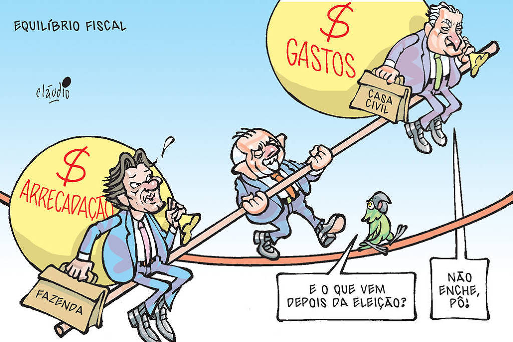 O título da charge é “Equilíbrio fiscal”. O desenho mostra Lula caminhando em uma corda bamba. Para se equilibrar, ele segura uma longa vara, que aparece bem inclinada. Sentado em uma das extremidades da vara, bem abaixo, aparece o ministro da Fazenda Fernando Haddad, que segura um grande saco de dinheiro com a palavra “arrecadação”. Sentado na outra extremidade da vara, bem mais no alto, está Rui Costa, ministro-chefe da Casa Civil, que segura um grande saco de dinheiro com a palavra “gasto”. Na frente de Lula um papagaio também caminha na corda bamba. Ele pergunta: - E o que vem depois da eleição? Rui Costa resmunga: - Não enche, pô!